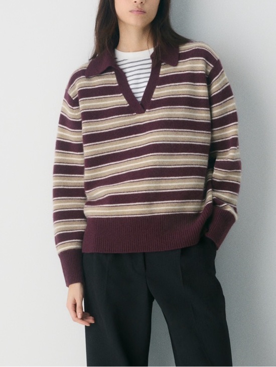 Aritzia Sweaters - Aritzia Plush Cashmere Striped Polo Sweater in Plum and Cream